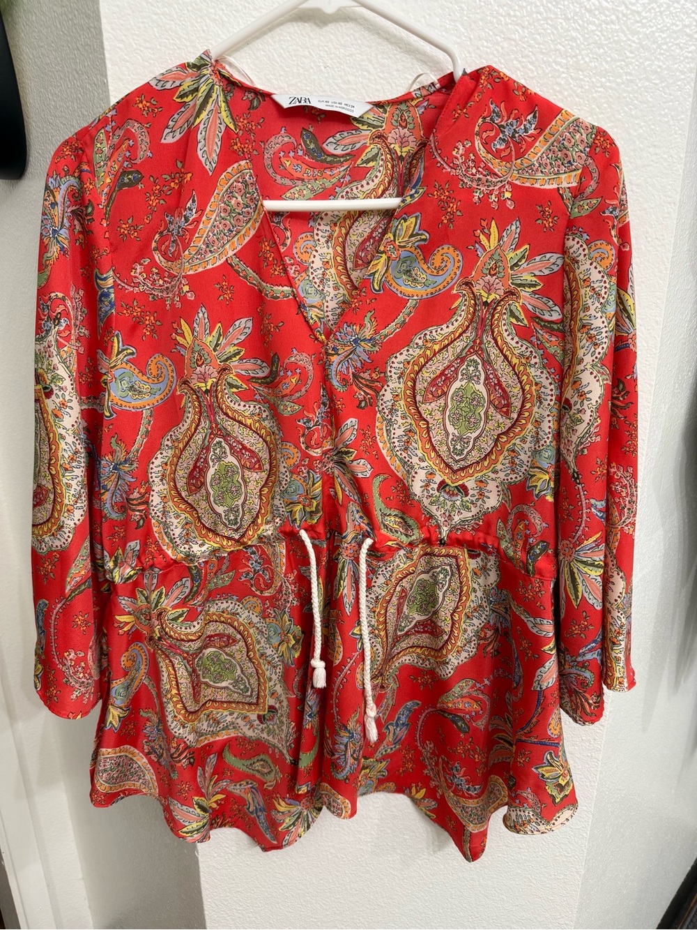 Zara Red Paisley Print Drawstring Blouse Peplum V-Neck Kimono Top Size XS